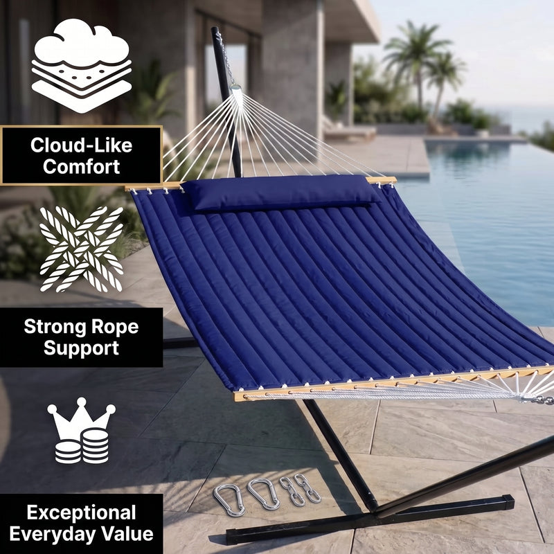 2-Person Quilted Outdoor Hammock 12FT – Double Layer with Pillow & Storage - 12