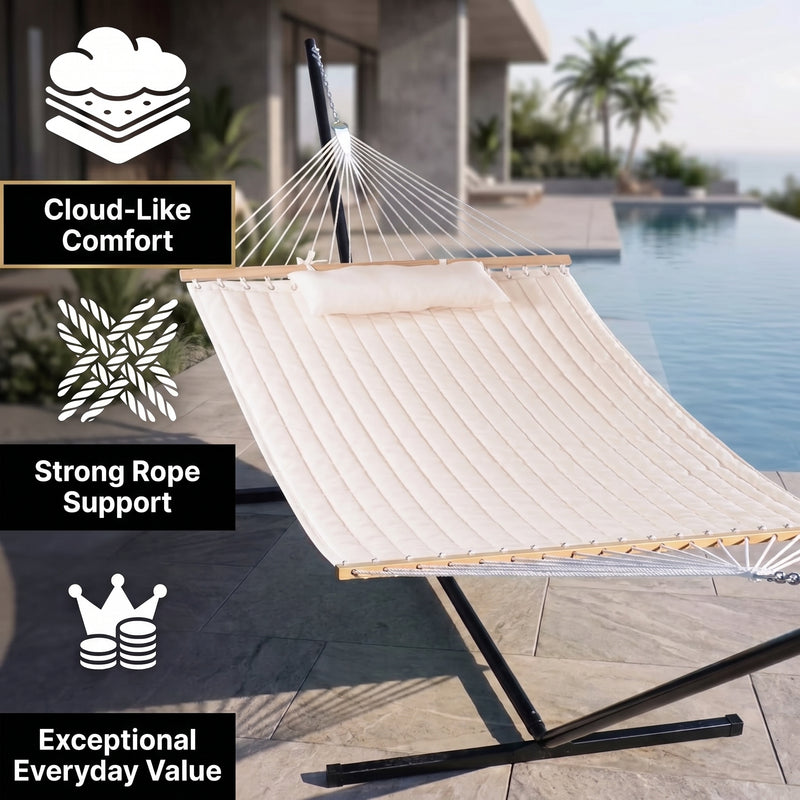 2-Person Quilted Outdoor Hammock 12FT – Double Layer with Pillow & Storage - 12