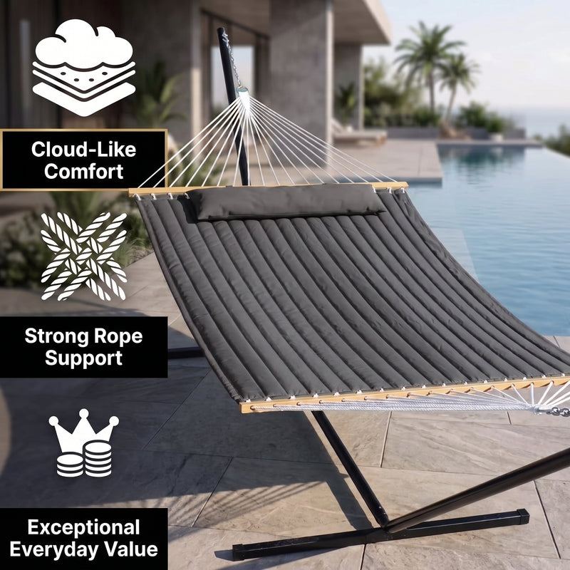 2-Person Quilted Outdoor Hammock 12FT – Double Layer with Pillow & Storage - 12