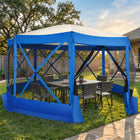 Brown octagonal pop-up screen gazebo set up on a backyard lawn with a dining table and chairs inside