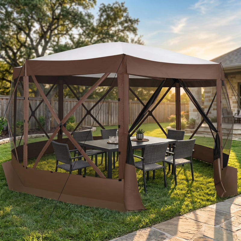 Brown octagonal pop-up screen gazebo set up on a backyard lawn with a dining table and chairs inside