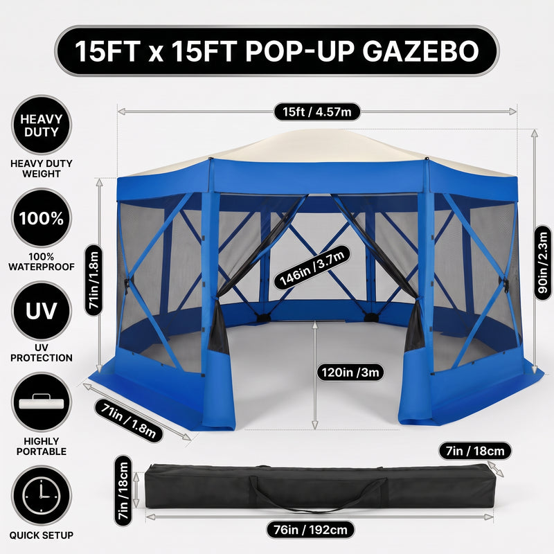 Brown pop-up gazebo beside an RV with labeled dimensions and durability icons