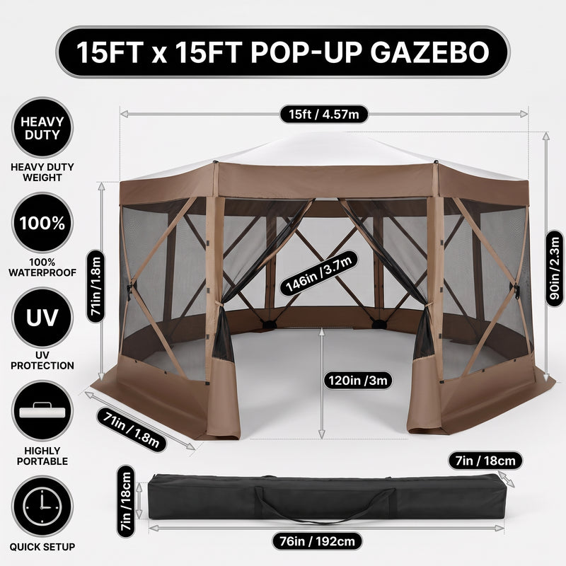 Brown pop-up gazebo beside an RV with labeled dimensions and durability icons