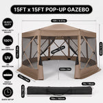 Brown pop-up gazebo beside an RV with labeled dimensions and durability icons