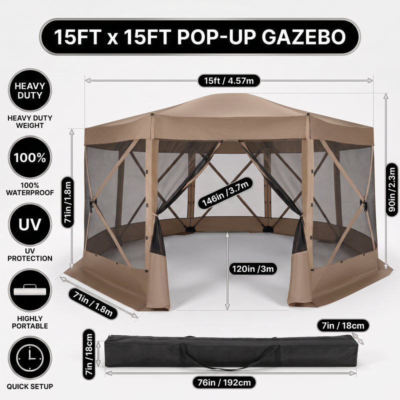 Brown pop-up gazebo beside an RV with labeled dimensions and durability icons
