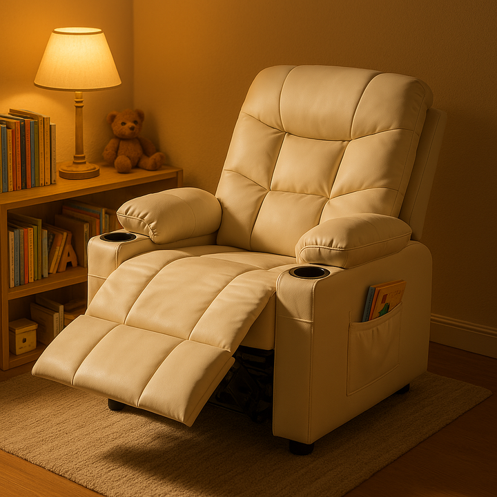 Premium PU Leather Kids Recliner Chair with Dual Cup Holders & Storage Pockets - Ergonomic Youth Furniture with 130° Recline