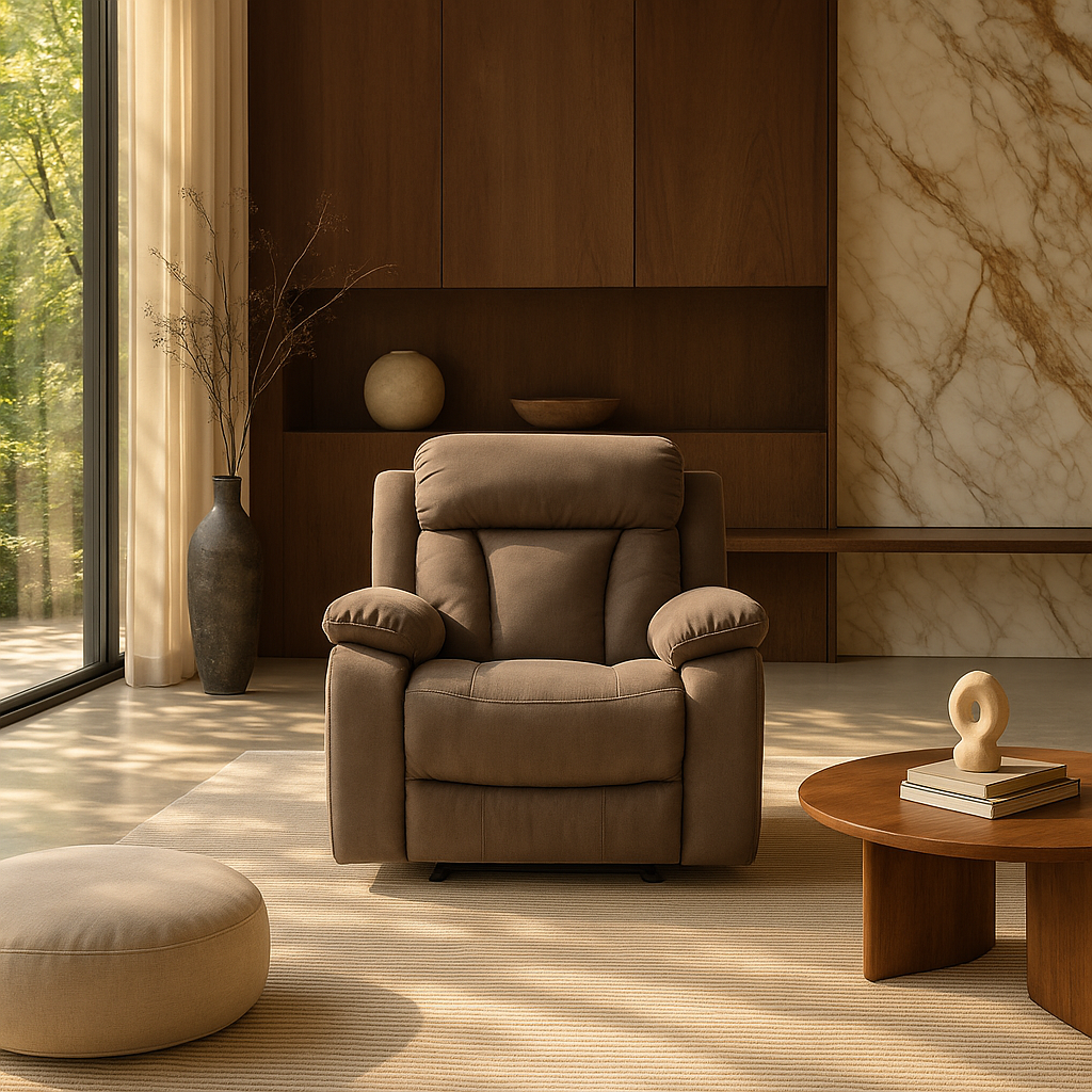 Premium Brown Microsuede Manual Recliner Chair with Steel Base - Contemporary Single-Seat Glider Reclining Chair for Modern Living Room