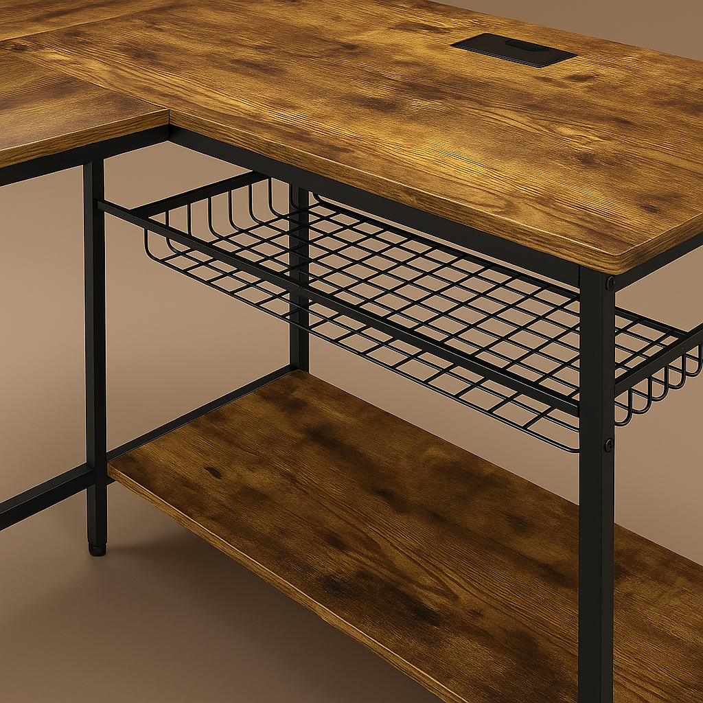 LumoEdge Reversible L-Shaped Desk with LED Lights & Power Hub – Rustic Brown
