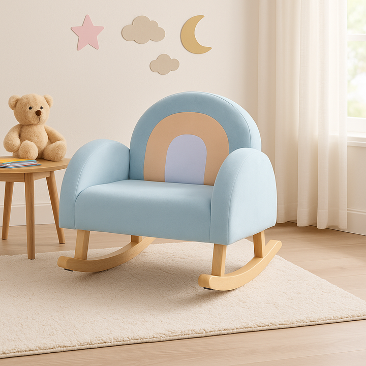 Premium Blue Velvet Toddler Rocking Chair with Solid Rubber Wood Frame - ASTM Certified Kids Furniture for Ages 0-5