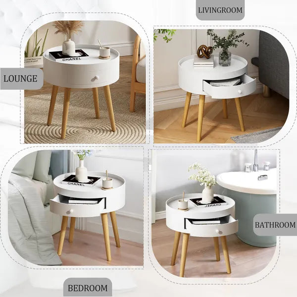 18"H Nightstand with Storage Drawer & Oak Legs Bedside Table, Sofa Side Coffee Table for Bedroom, Living Room, White