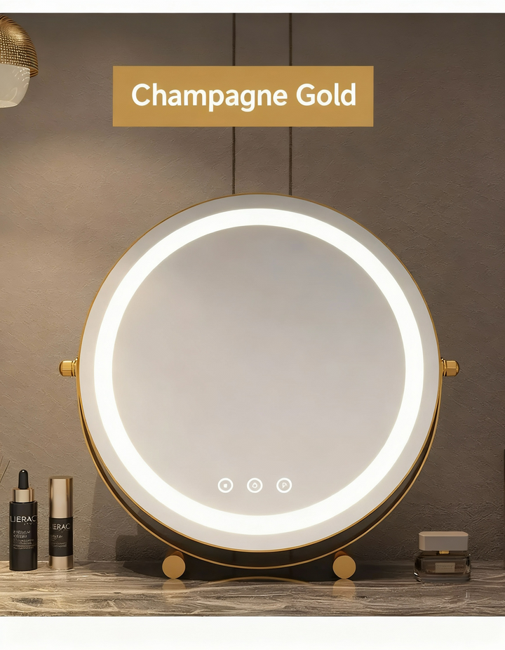 Metal Desktop Makeup Mirror  3-Level LED Lighted Vanity Mirror  Adjustable Rotating Makeup Mirror for Clear Imaging