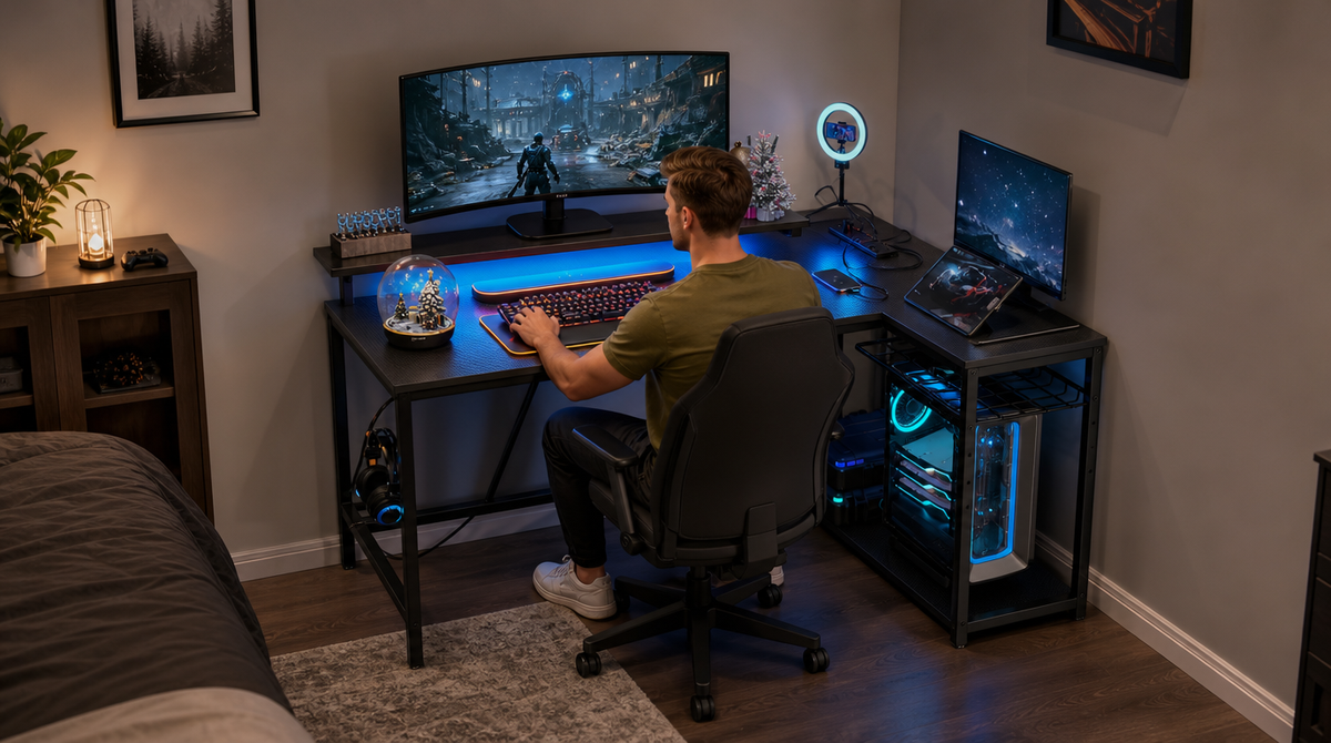 L-Shaped Gaming Desk with LED Lights & Power Outlets - image 1