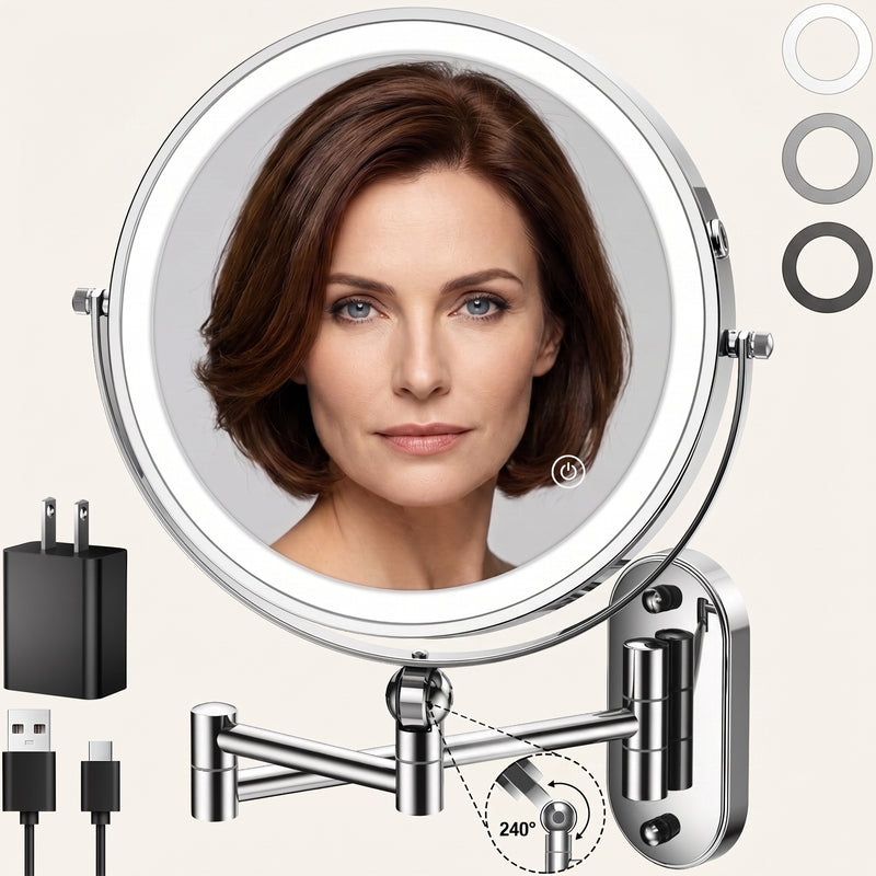 Rechargeable Wall Mounted Makeup Mirror with LED Light – Adjustable Brightness, Magnifying - 1