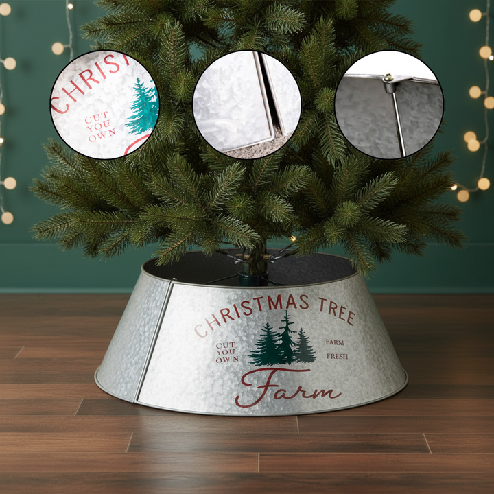 HOMCOM Christmas Tree Collar Steel Tree Ring Skirt Home Xmas Decoration with Christmas Tree Printed, 26" Base, Silver