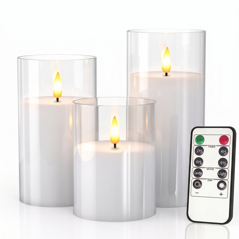 Flameless Candles with Remote & Timer – Glass Pillar Set of 3 - 1