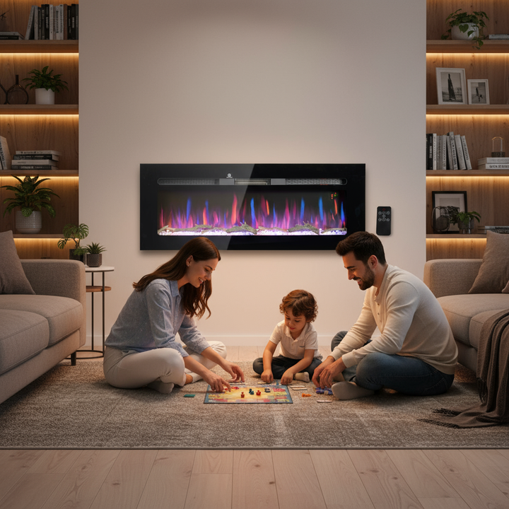 HOMCOM 50" Electric Fireplace Recessed and Wall Mounted with Remote Control, 1500W Fireplace Heater with 8H Timer, Adjustable Flame Color and Brightness, Log and Crystal