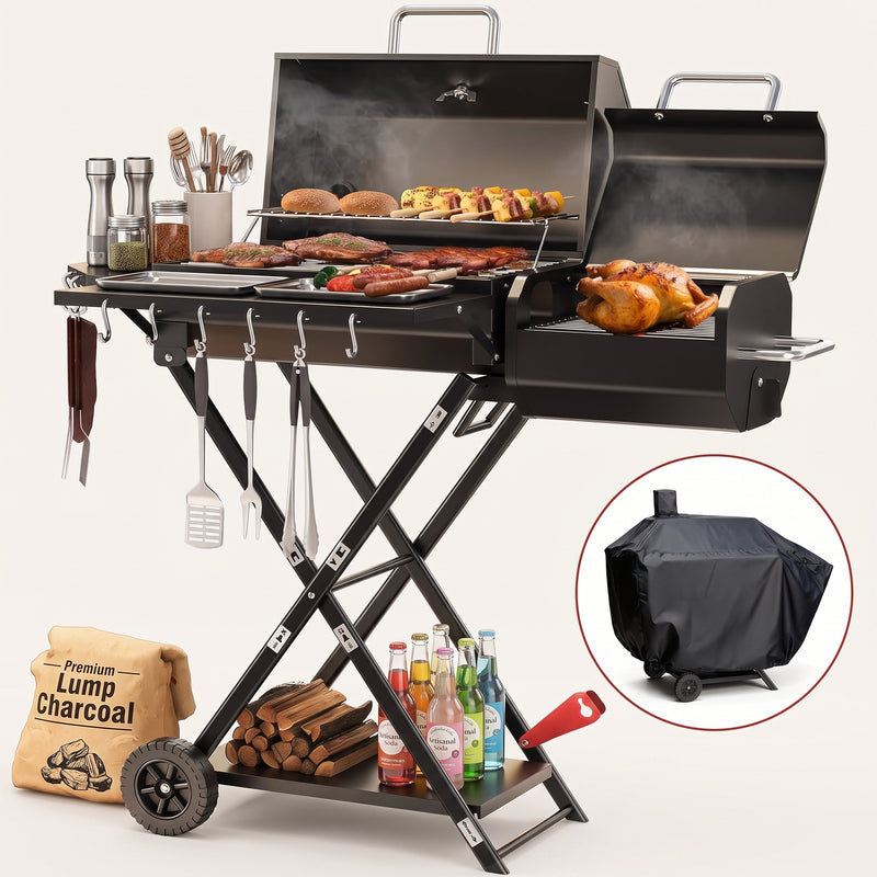 Portable Charcoal Grill with Smoking Function, Foldable Suitcase Design with Wheels, Multi-Tier Storage Rack & Waterproof Cover for Outdoor BBQ Parties - 1