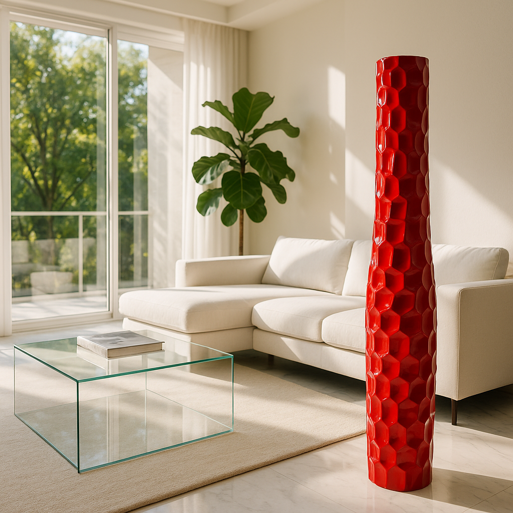 Premium 52" Textured Honeycomb Vase in Red - Contemporary Resin Floor Sculpture with Glossy Finish