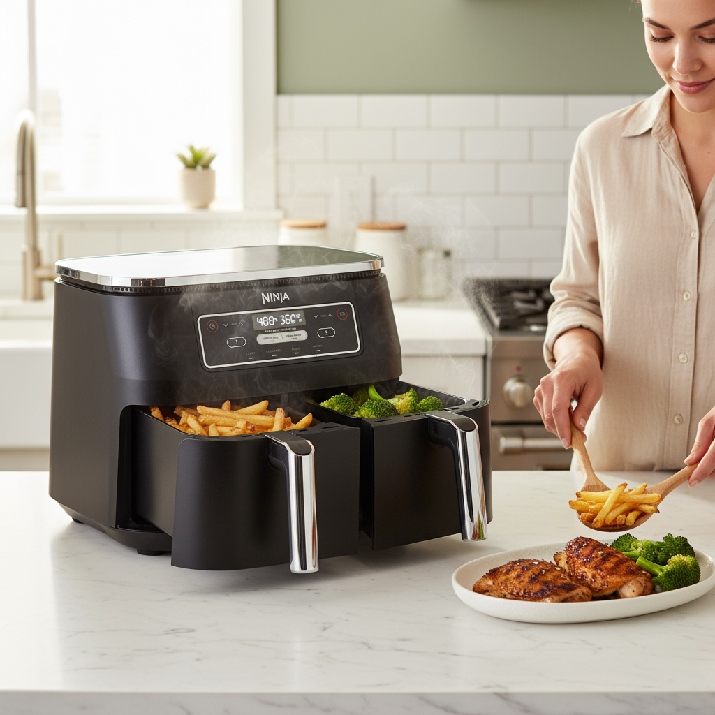 Ninja Foodi 4-in-1 8-Quart 2-Basket Air Fryer with DualZone Technology, Black, Model DZ100