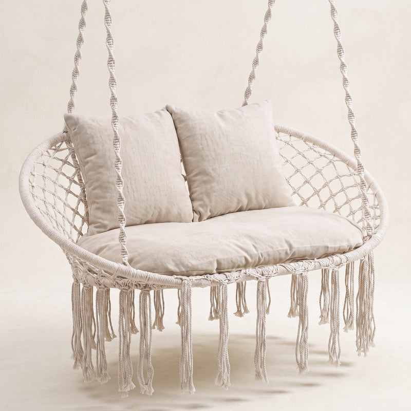 2-Person Hanging Hammock Chair with Cushion – Boho Macrame Swing for Indoor & Outdoor Relaxation - 1