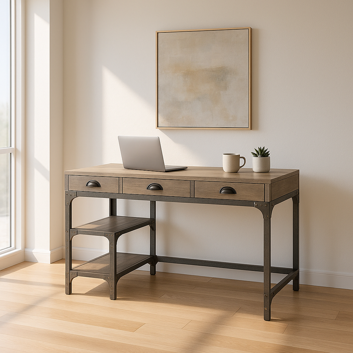 HeritageBlend 47" Natural and Gray Writing Desk with Three Drawers