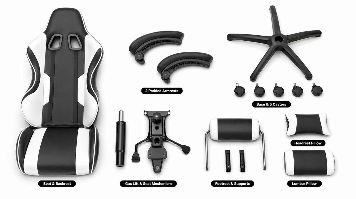 Reclining Gaming Chair with Footrest, Lumbar Support & 360° Swivel - what you get