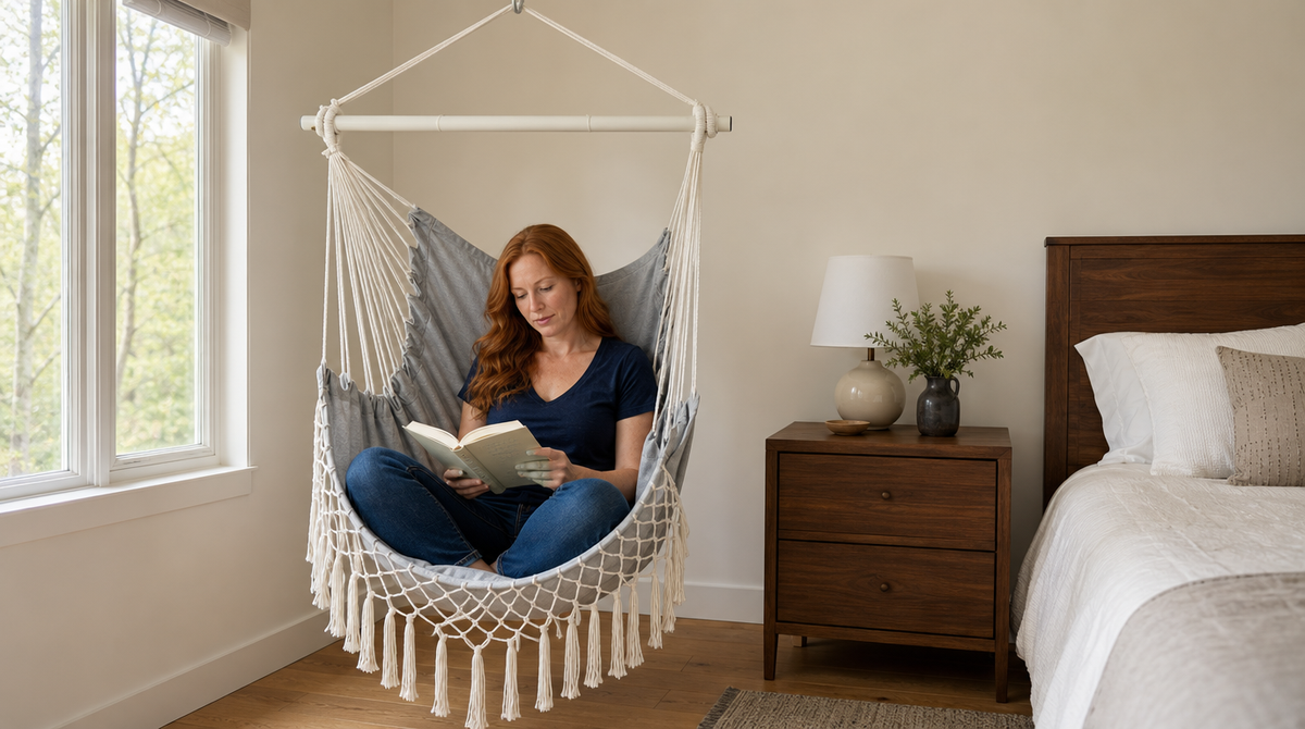 Boho Macrame Hammock Chair with Fringe, 2 Cushions & Side Pocket - image 1
