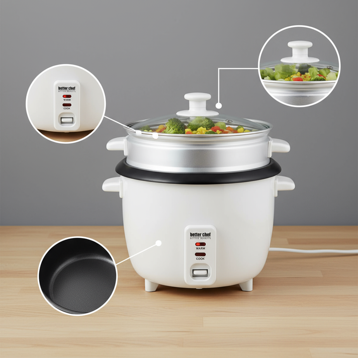 Better Chef 5-Cup - 10-Cup Cooked - Rice Cooker with Steamer and Non-Stick Pot