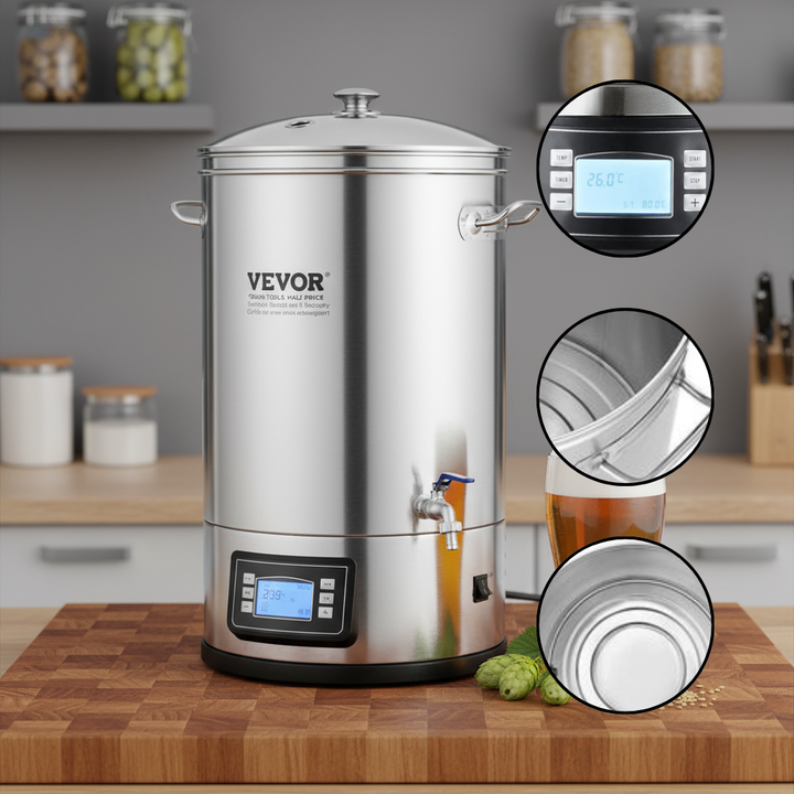 VEVOR Electric Brewing System, 8 GALLON Brewing Stock Pot, All-in-One Home Beer Brewer, 304 Stainless Steel Brewing Supplies with Panel, Includes Glass Lid, Handle, Spigot, Electronic Panel Control