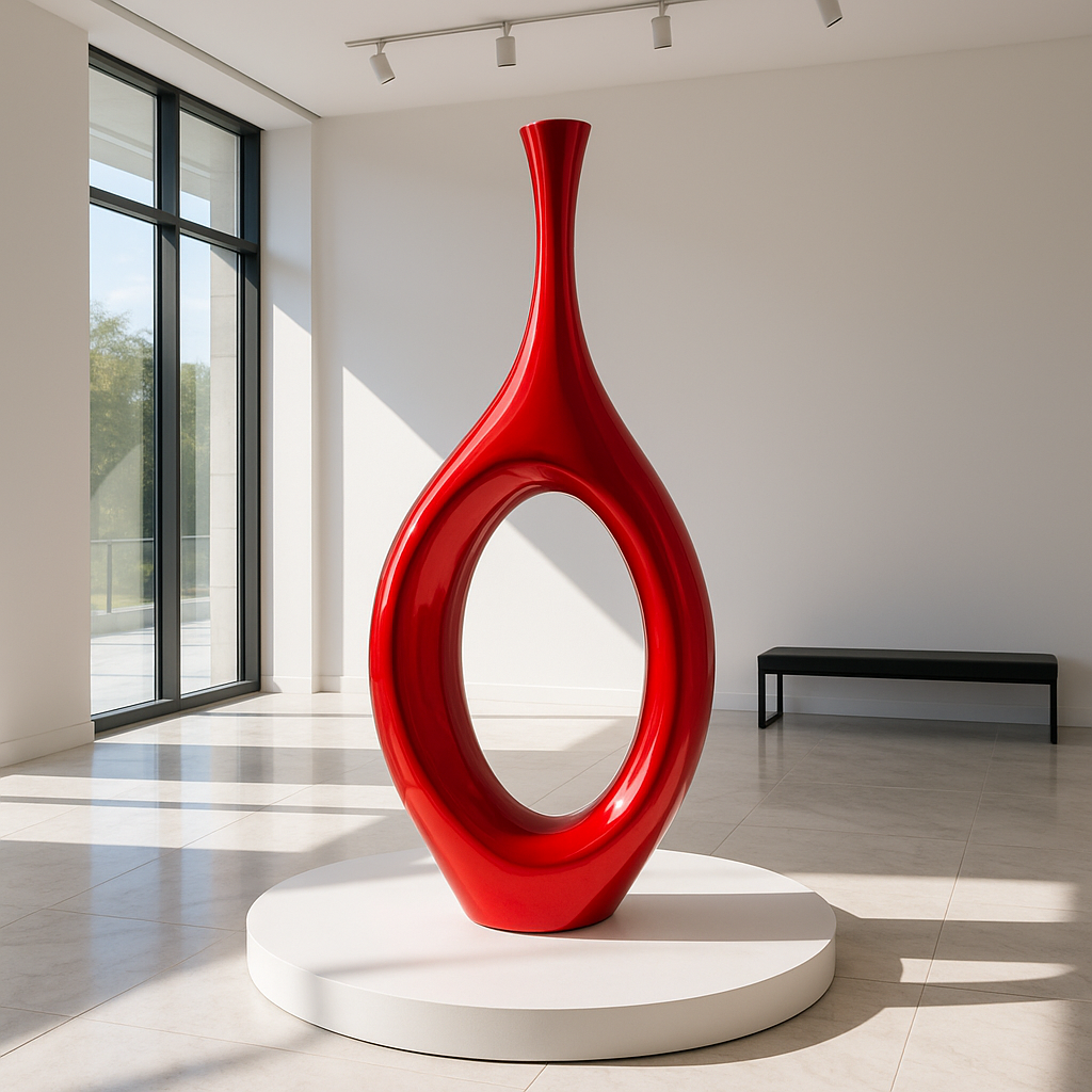 Premium Trombone Vase Large in Red - Contemporary Resin Floor Sculpture with Glossy Finish
