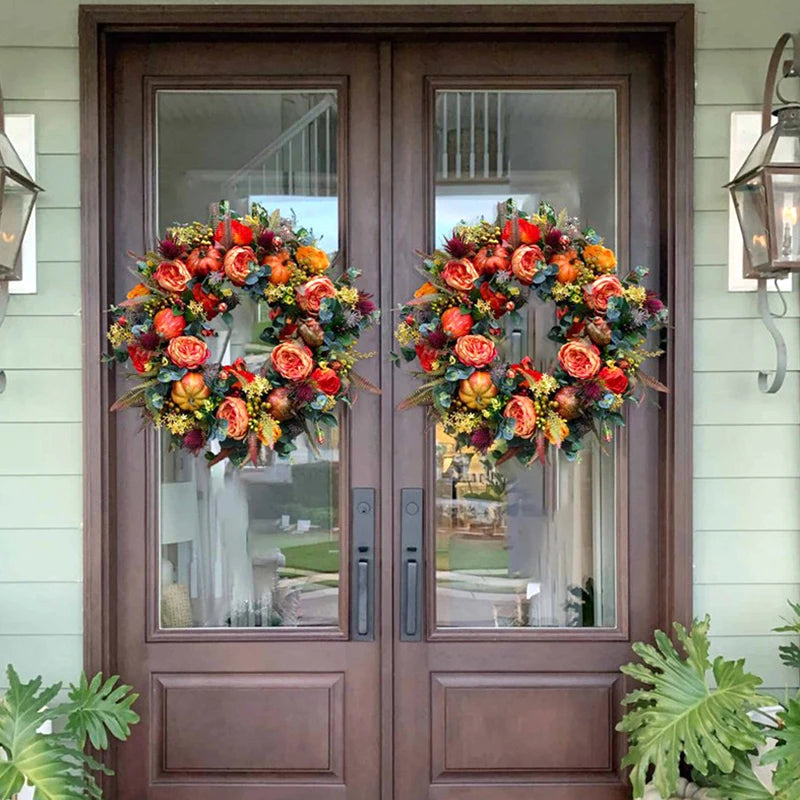 Autumn Peony Pumpkin Harvest Wreath – Artificial Fall Door Decor | Maple Leaf & Berry Wreath | Trufairs