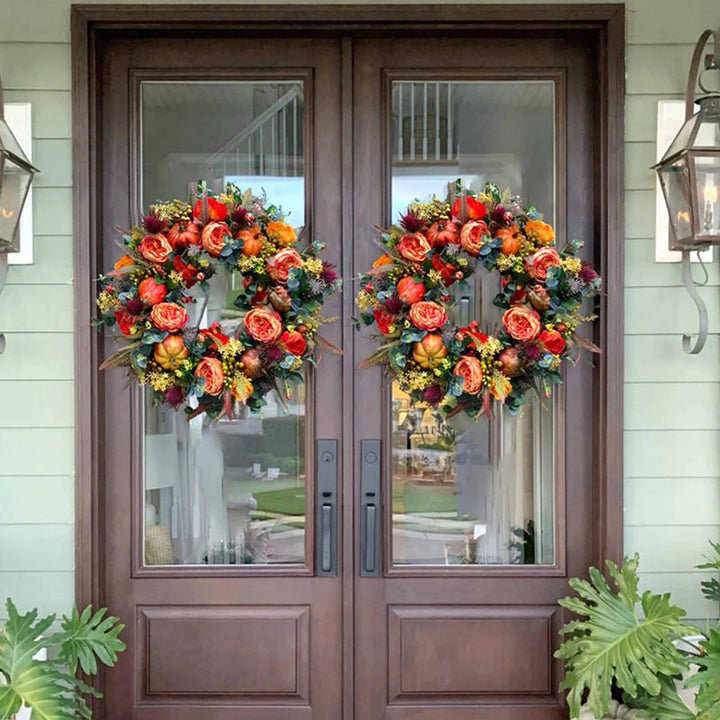 Autumn Peony Pumpkin Harvest Wreath – Artificial Fall Door Decor | Maple Leaf & Berry Wreath | Trufairs