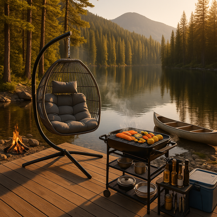 Folding Hanging Egg Chair Gray - Outdoor Wicker Swing with Steel Stand, Comfort Cushion & Space-Saving Design