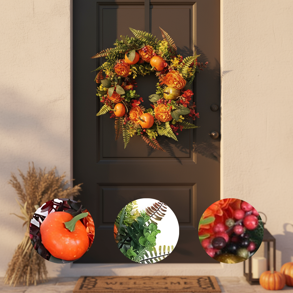 17.71″ Autumn Wreath with Pumpkin & Berries – Fall Door Decor | Trufairs
