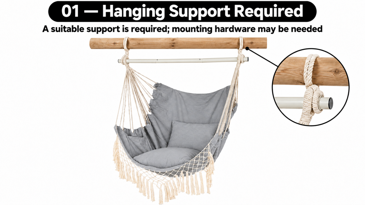 Boho Macrame Hammock Chair with Fringe, 2 Cushions & Side Pocket -  limitations image 1