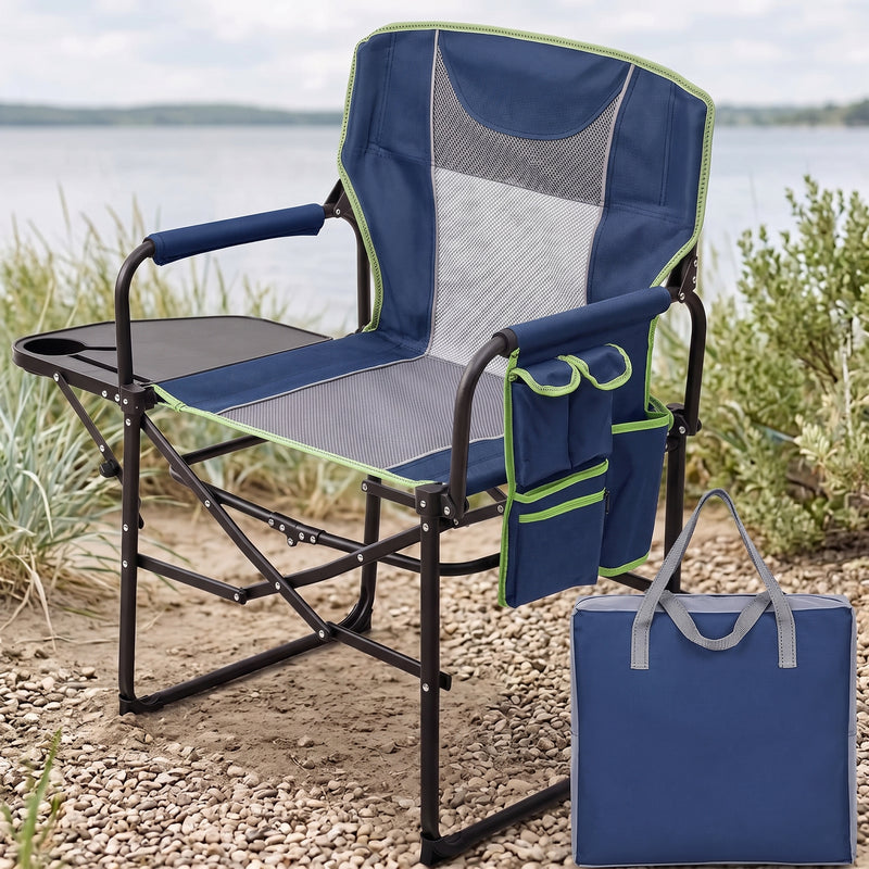Camping Directors Chair, Heavy Duty,Oversized Portable Folding Chair with Side Table, Pocket for Beach, Fishing,Trip,Picnic,Lawn Blue - 1