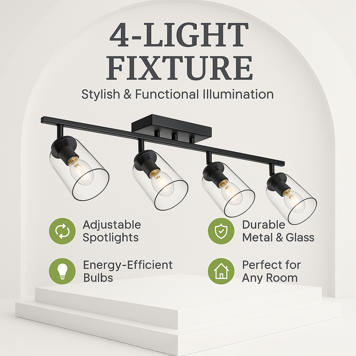 4-Light Vanity Light Bathroom Fixture with Clear Glass Shade Multi-Directional Rotating Metal Ceiling Spotlight Fixture with Adjustable Track Heads