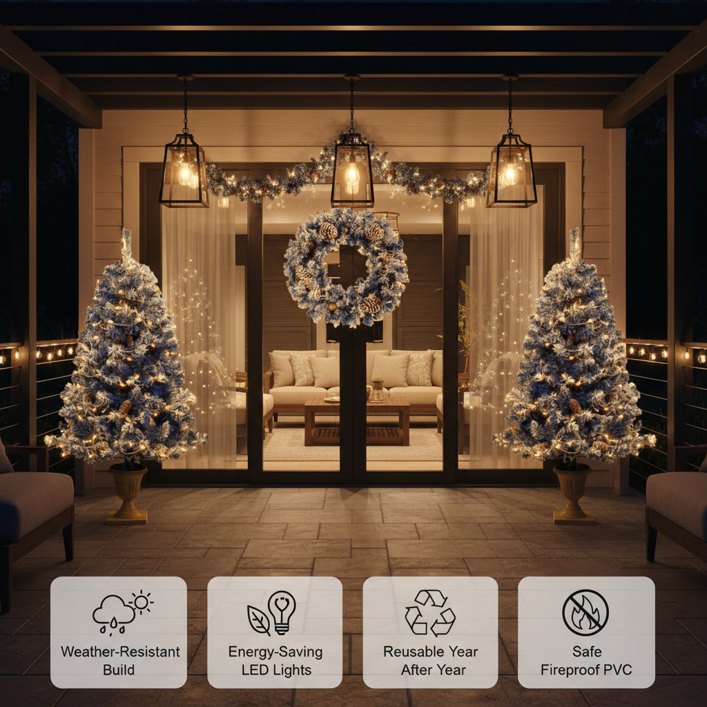 Pre-lit Xmas Tree Artificial Christmas 4-Piece Set,Garland, Wreath and Set of 2 Entrance Trees X-mas with LED Lights, Christmas Tree