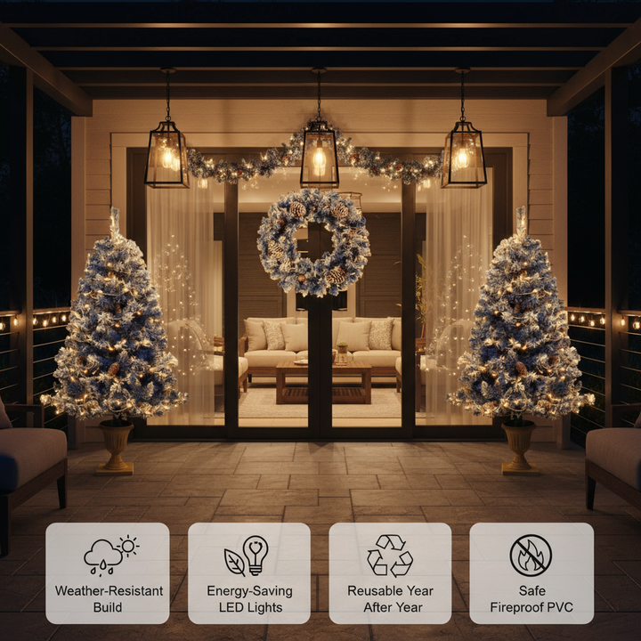 Pre-lit Xmas Tree Artificial Christmas 4-Piece Set,Garland, Wreath and Set of 2 Entrance Trees X-mas with LED Lights, Christmas Tree