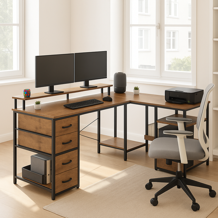 HOMCOM TechStation Pro 66" Reversible L-Shaped Computer Desk with Smart Power Hub & RGB LED Lighting – Rustic Brown