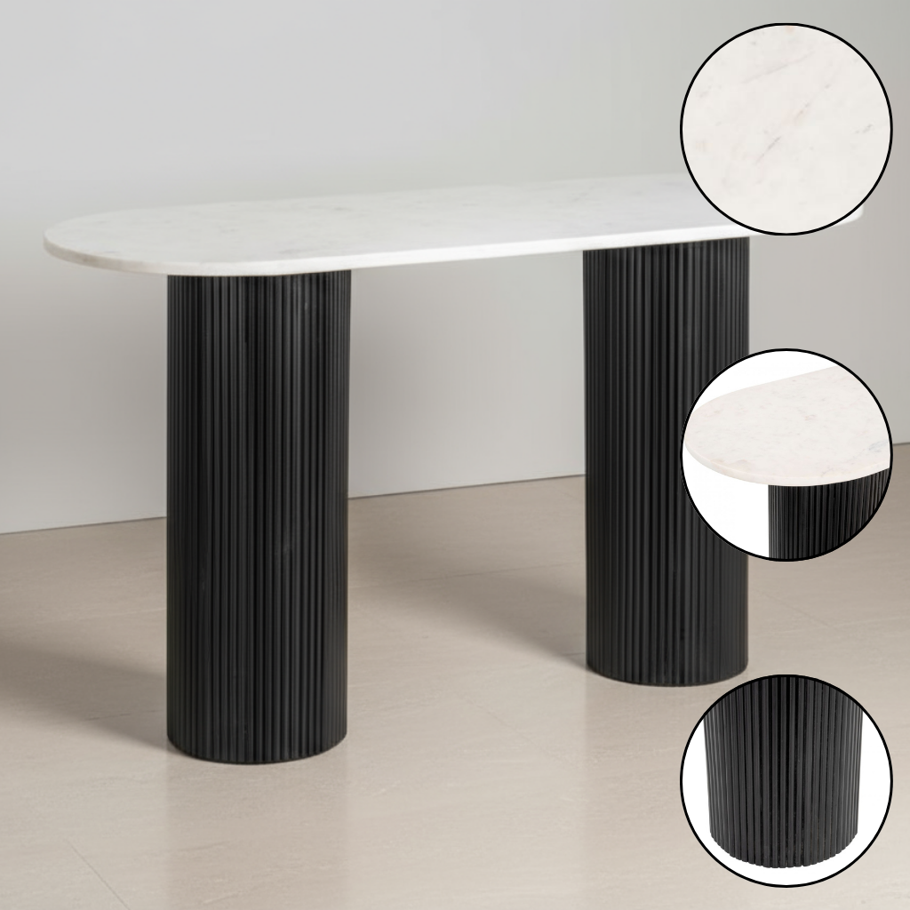 Modern Console Table – Natural Marble Oval Top & Black Wood Base | Entryway & Living Room | Trufairs