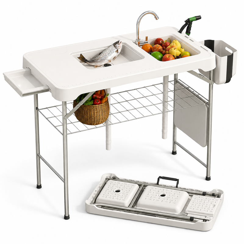 Folding Fish Cleaning Table with Sink & Sprayer Options - 1