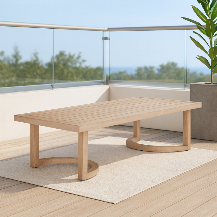 Modern Faux Wood Coffee Table – Brown Aluminum Versatility | Outdoor/Indoor Accent Table | Trufairs