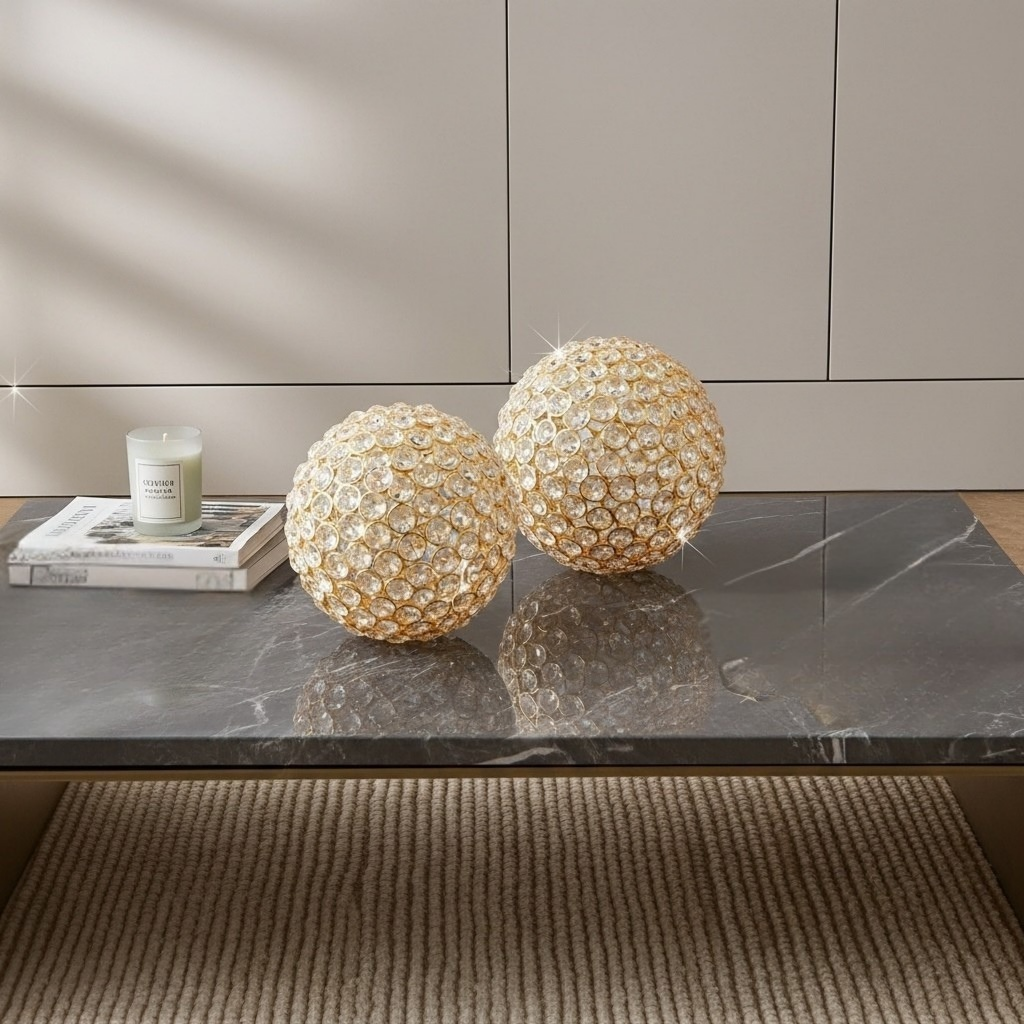 Set Of Two 5" Silver And Clear Faux Crystal Decorative Orb Sculptures