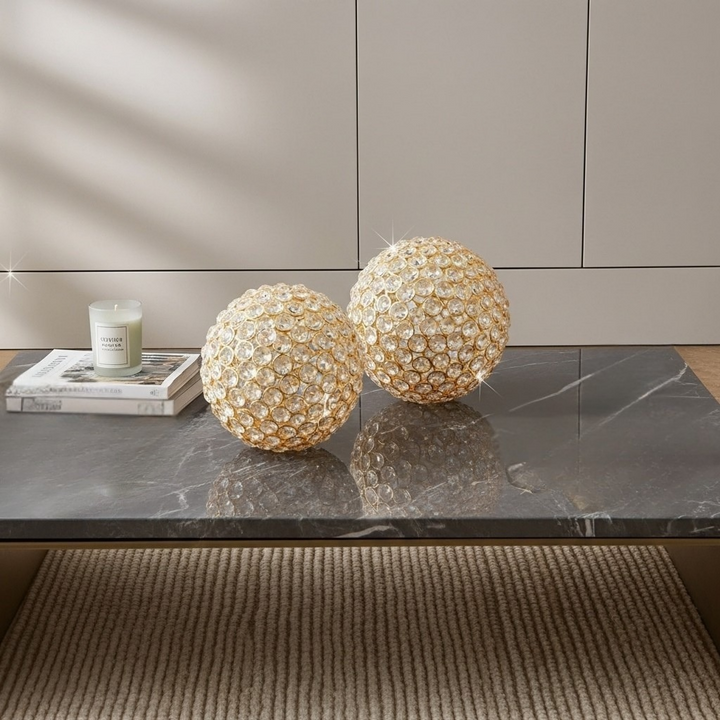 Set Of Two 5" Silver And Clear Faux Crystal Decorative Orb Sculptures