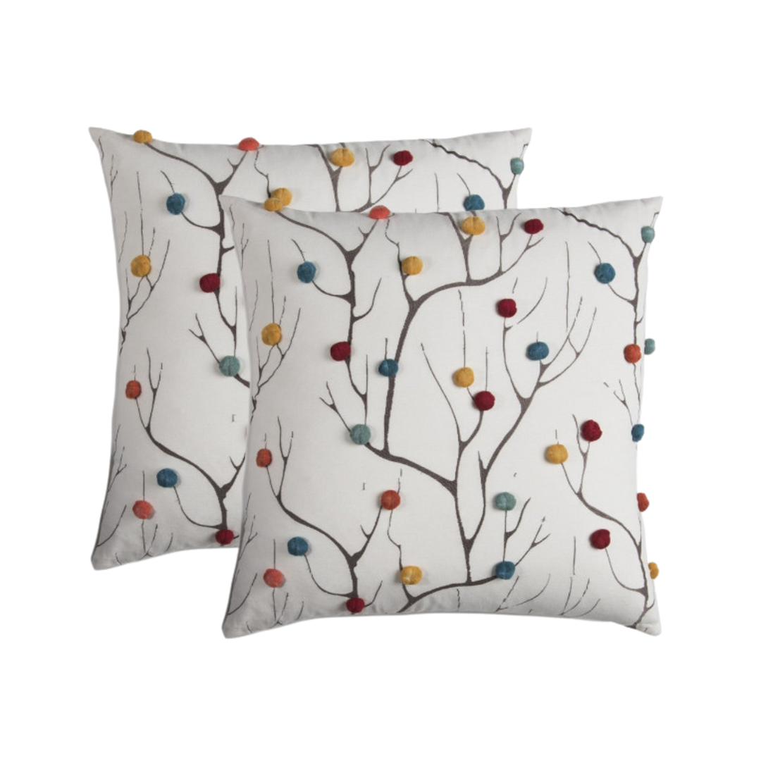 Premium 20" White and Black Coral Indoor Outdoor Throw Pillow with Decorative Pompoms