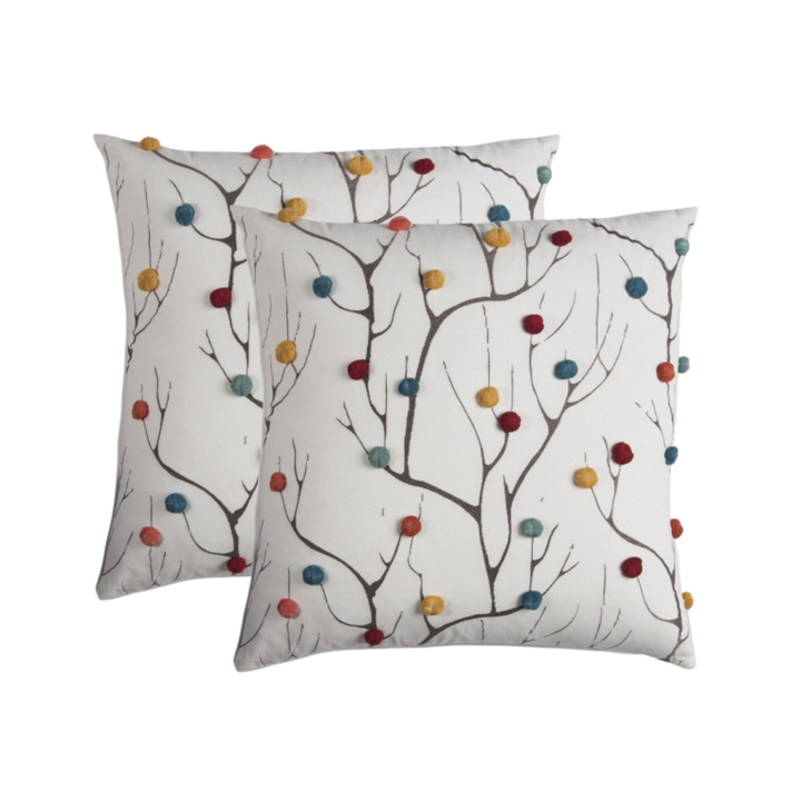 Premium 20" White and Black Coral Indoor Outdoor Throw Pillow with Decorative Pompoms