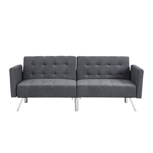 85" Beige Polyester Blend Convertible Futon Sleeper Sofa And Toss Pillows With Silver Legs