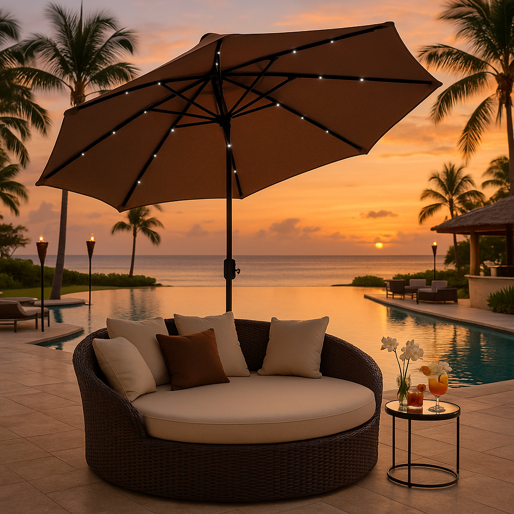Premium 106" Tan Solar-Powered Market Patio Umbrella with LED Lights and Concrete Base