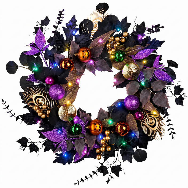 HALLOWEEN WREATH WITH LIGHTS FOR FRONT DOOR – PRE-LIT PUMPKIN, WITCH & GOTHIC PORCH DÉCOR - 1